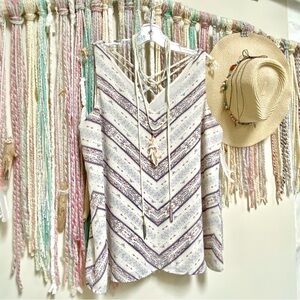 Boho chevron cross back sleeveless blouse w shabby chic beach vacation vibe